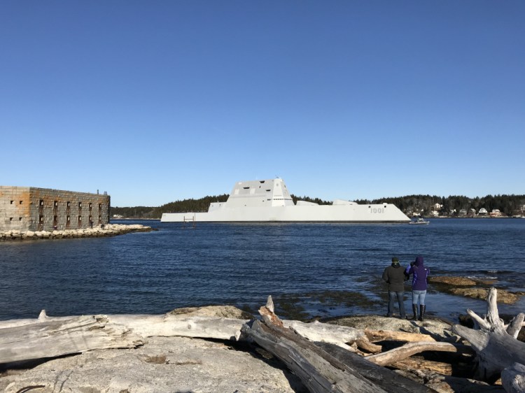 A new Zumwalt-class stealth destroyer built by Bath Iron Works takes a test run down the Kennebec River in 2017.