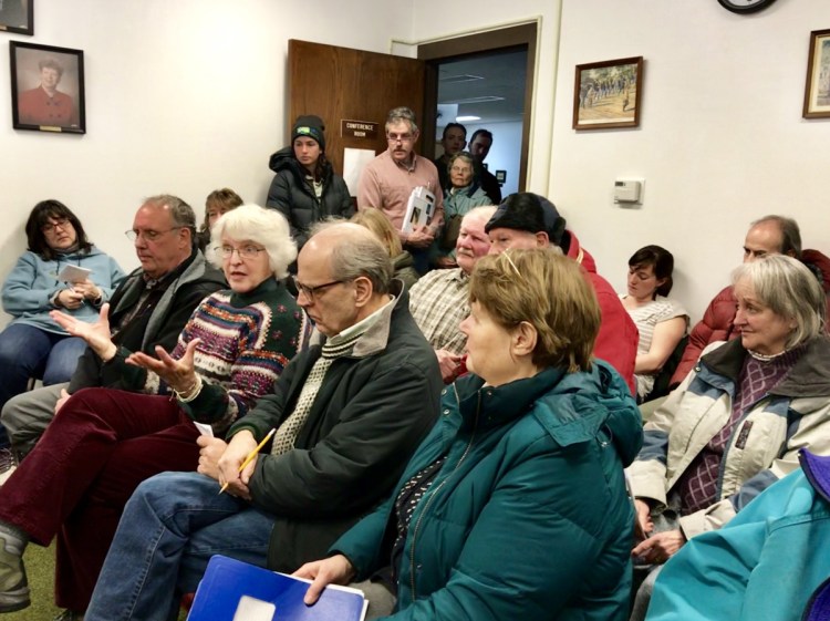 Donna Wheeler, third from left, of Farmington, talks on Tuesday about her opposition to the New England Clean Energy Connect project during a Farmington Board of Selectmen's meeting.