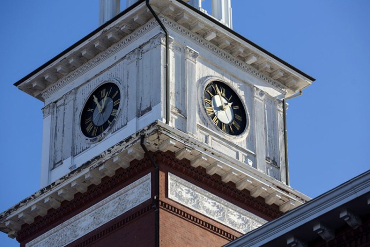 The clock tower on Biddeford's 124-year-old City Hall. 