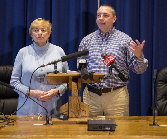 Gun rights advocates are critical of Gov. Janet Mills' choice for public safety commissioner, former Portland Police Chief Michael Sauschuck, right, whose nomination she announced last month. Sauschuck is a former board member of the Maine Gun Safety Coalition and has advocated for universal background checks.