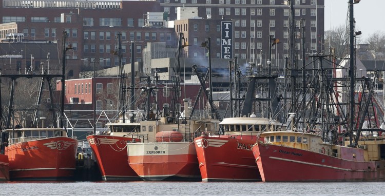 Fishing trawlers float at the dock in New Bedford Harbor in Massachusetts. The state's seafood industry is pushing for changes in lobster processing rules that would allow it to expand, and the port seems well-positioned for increased production. It has an excellent immigrant labor force and all the infrastructure of a major fish-processing center, including cold storage.