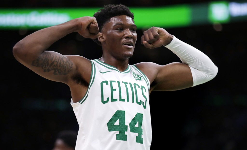 Boston center Robert Williams flexes during the second half of Wednesday's game against the Indiana Pacers in Boston.