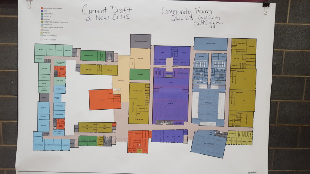 This drawing on display at Edward Little High School shows the location of various classrooms and facilities being proposed for the new school.
