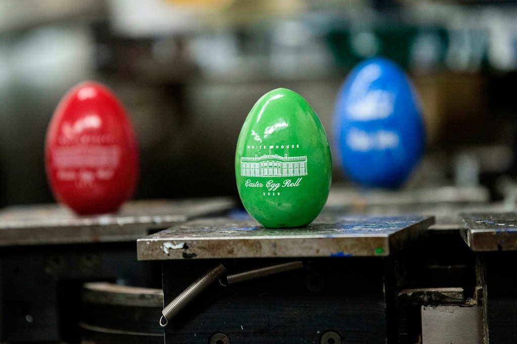Easter eggs with the official Seal of the President of the United States sits on display at Maine Wood Concepts in New Vineyard on Friday.