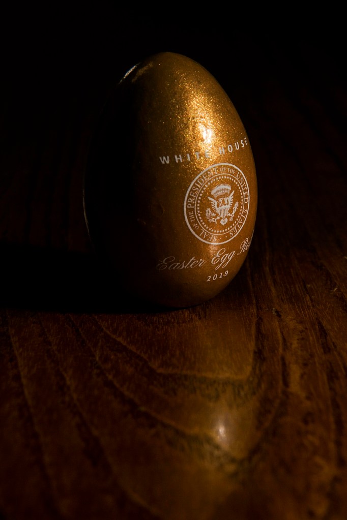 An Easter egg with the official Seal of the President of the United States sits on display at Maine Wood Concepts in New Vineyard on Friday.