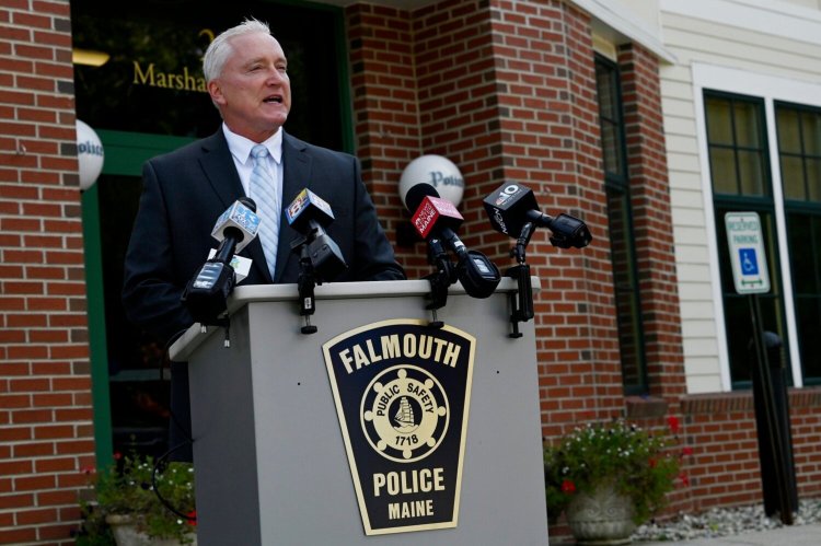 Falmouth Police Chief  John Kilbride speaks outside the police station after the town's first officer-involved shooting in October 2021. 