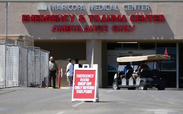 The emergency room entrance at Valleywise Health Center hospital in Phoenix. 
