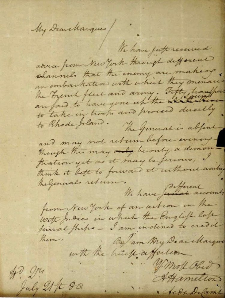This image filed May 15, 2019, in federal court as part of a forfeiture complaint by the U.S. attorney's office in Boston shows a 1780 letter from Alexander Hamilton to the Marquis de Lafayette, that was stolen from the Massachusetts Archives decades ago. (U.S. Attorney's Office via AP)