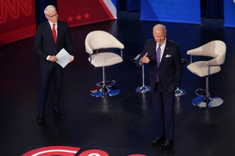 President Biden participates in a CNN town hall Thursday at the Baltimore Center Stage Pearlstone Theate in Baltimore, with moderator Anderson Cooper.