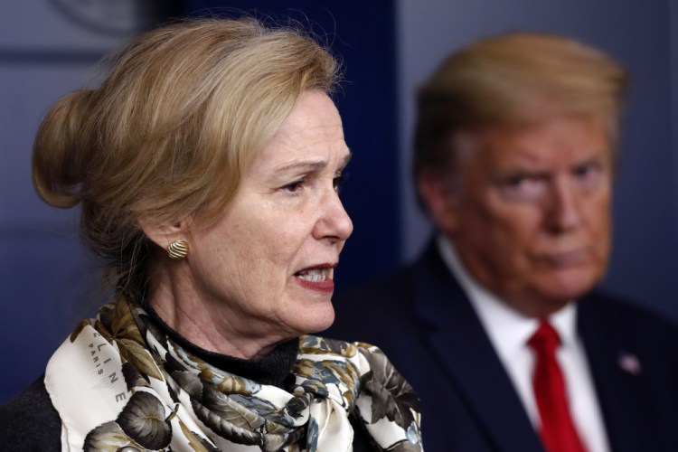 Former President Trump listens as Dr. Deborah Birx, White House coronavirus response coordinator, speaks about the coronavirus in April 2020. "I felt like the White House had gotten somewhat complacent through the campaign season," Birx told congressional investigators this month. 
