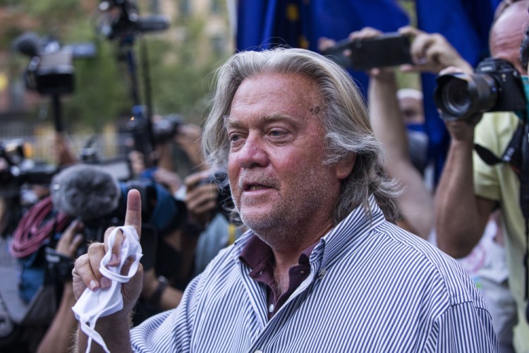 Donald Trump's former chief strategist Steve Bannon, shown in August 2020, has been indicted on two counts of contempt of Congress. 
