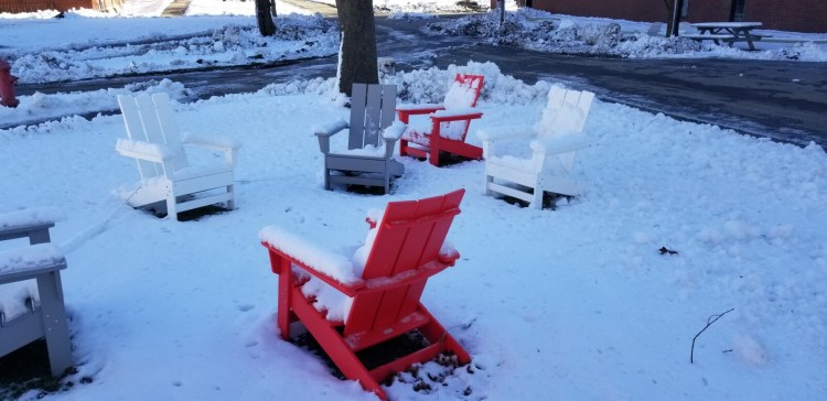 Chairs set up at Bates College in Lewiston encourage social distancing among students.