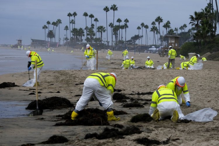 Workers clean the contaminated beach in Corona Del Mar after an oil spill off the Southern California coast on Oct. 7.

