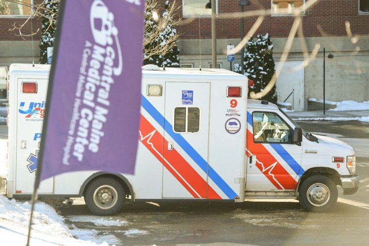 An ambulance parks Monday at Central Maine Medical Center. A Maine EMS panel recommended that with the loss of neurosurgical trauma coverage at CMMC that all interfacility and LifeFlight trauma transfers to the hospital discontinue.