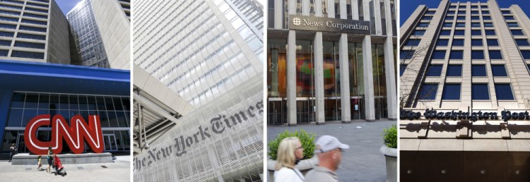 Exterior images, from left, of CNN headquarters in Atlanta, the New York Times building in New York, News Corporation headquarters with Fox News studios in New York and The One Franklin Square Building, home of The Washington Post, in downtown Washington. 