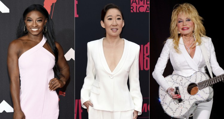 From left, Olympic gymnast Simone Biles appears at the MTV Video Music Awards in New York on Sept. 12, actor Sandra Oh appears at the season 2 premiere of "Killing Eve" in Los Angeles in 2019 and Dolly Parton appears in concert in Nashville, Tenn., in 2015. 