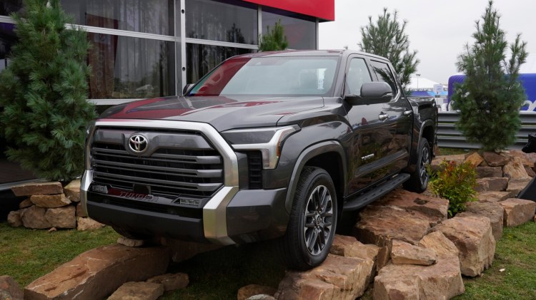 A 2022 Toyota Tundra is shown at Motor Bella in Pontiac, Mich., Tuesday, Sept. 21, 2021. Toyota is dumping the big V8 engine in the latest redesign of its Tundra full-size pickup truck, a bold move in a market that likes big, powerful engines. (AP Photo/Paul Sancya)