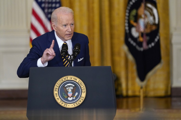 President Biden speaks during a news conference in the East Room of the White House in Washington on Wednesday. 