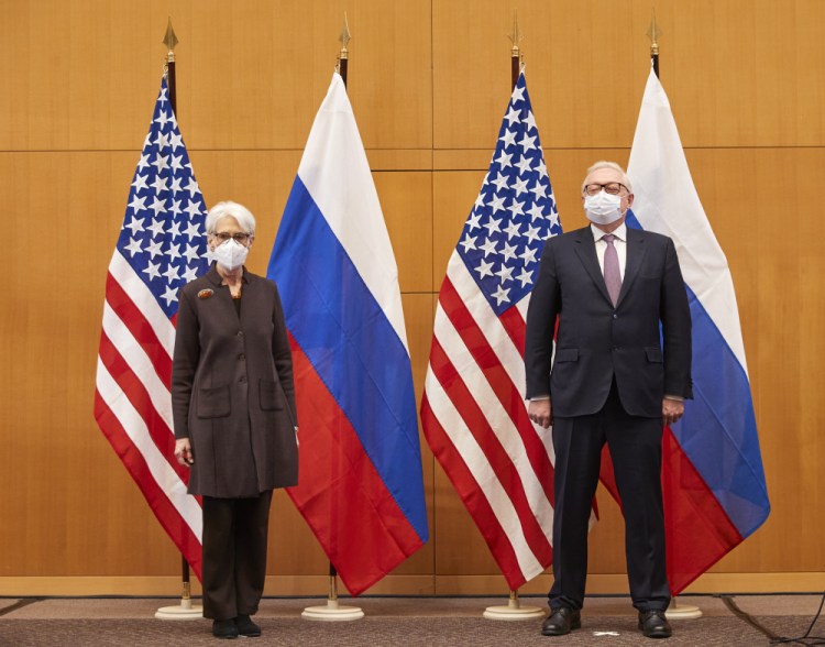 U.S. Deputy Secretary of State Wendy Sherman and Russian Deputy Foreign Minister Sergei Ryabkov attend security talks at the United States Mission in Geneva, Switzerland, on Monday.