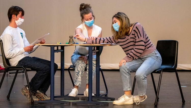 AUGUSTA, ME - FEBRUARY 10: Samuel Goldy, left, Brianna Harriman and Grace Kirk run through a comedy skit duringChizzle Wizzle rehearsal Thursday February 10, 2022 in auditorium at Cony Middle and High School in Augusta. (Staff photo by Joe Phelan/Staff Photographer)