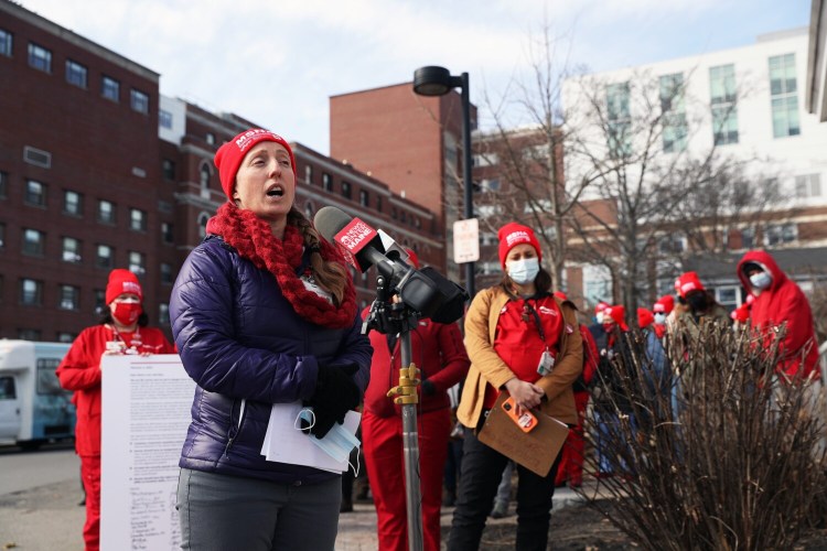 PORTLAND, ME - FEBRUARY 24: Lucy Dawson, a member of the Maine State Nurses Association -- a union that represents workers at Maine Medical Center -- speaks to reporters during a protest against working conditions in the emergency department. The union cites abuse from patients for decades as one of their concerns. (Staff photo by Ben McCanna/Staff Photographer)