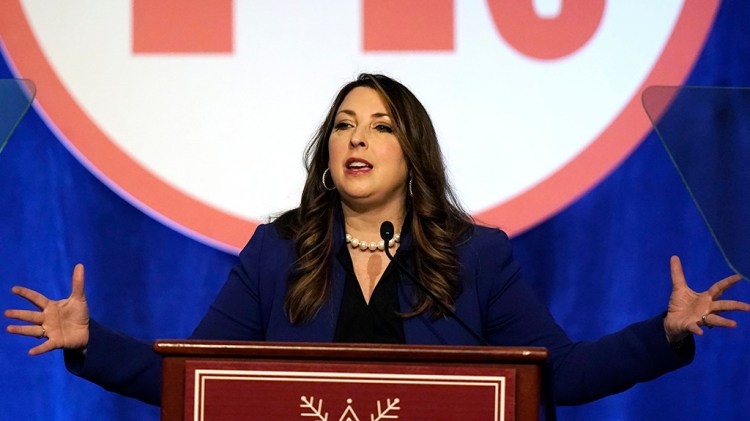 Ronna McDaniel, the party chairwoman, speaks during the Republican National Committee winter meeting Friday in Salt Lake City. Republican Party officials voted to punish Reps. Liz Cheney and Adam Kinzinger for their roles on the House committee investigating the Jan. 6 insurrection.