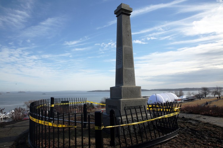 The fencing around the obelisk at the bottom of Congress Street at the Eastern Promenade was damaged when a stolen pickup truck crashed into it this week, Portland police said. 