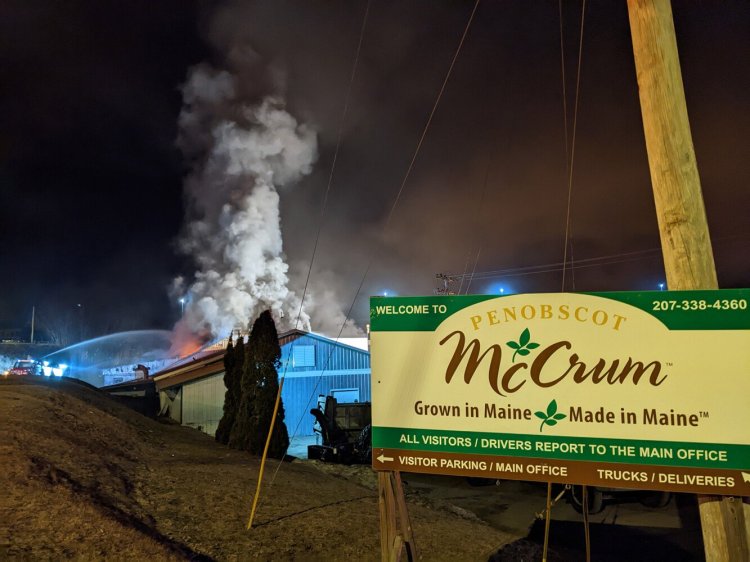 A fire engulfs Belfast's Penobscot McCrum plant on March 24.