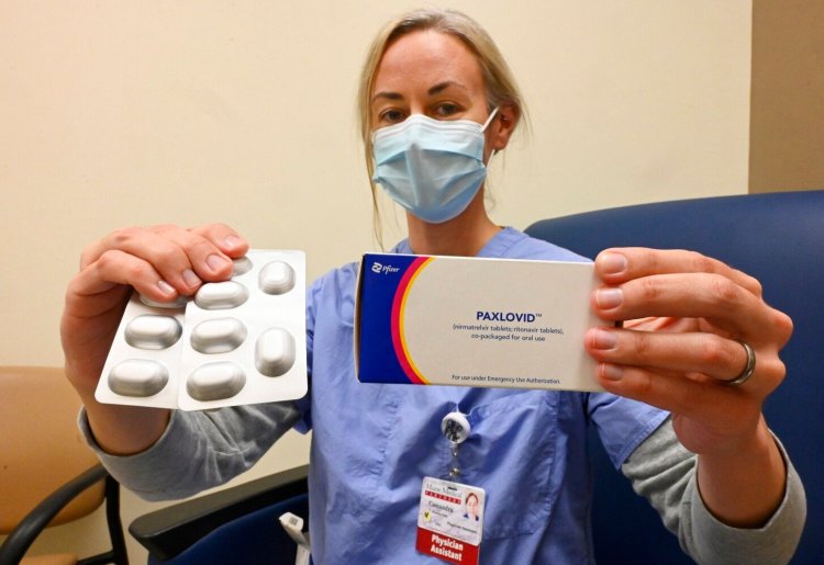 Physician Assistant Cassandra Hotaling-Hahn with MaineHealth holds packages of Paxlovid, a pill than prevent severe illness from COVID-19.
 