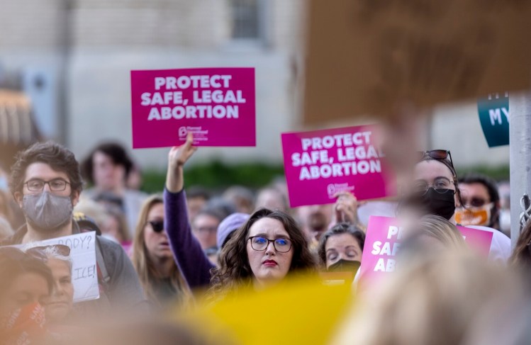 PORTLAND, ME - MAY 3: Hundreds of protesters came out in support of abortion rights in response to the leaked Supreme Court draft opinion outside of the federal courthouse in Portland on Tuesday, May 3, 2022. (Staff photo by Brianna Soukup/Staff Photographer)