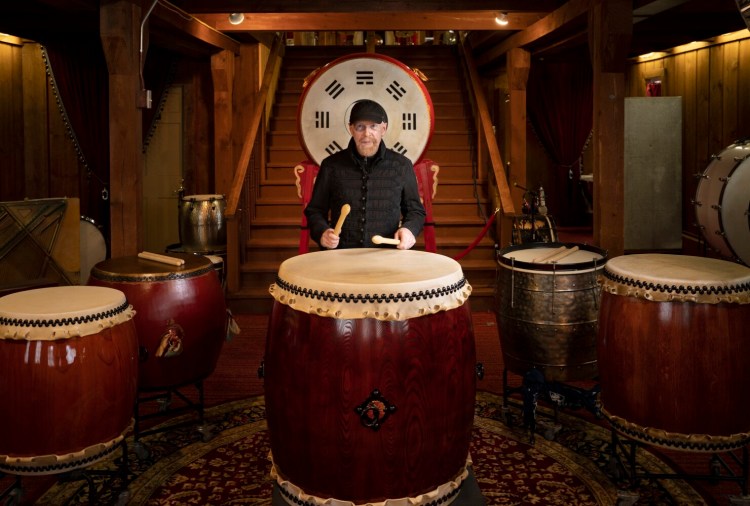 Percussionist W.F. Quinn Smith at his studio in Newfield, where he houses an extensive collection of unique and invented instruments. His credits over the years include playing on recordings by Daft Punk and on the films “The Greatest Showman” and “My Father’s Dragon.” 