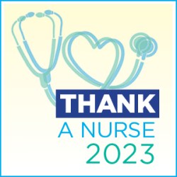The cord of a stethoscope forms a heart behind the words "thank a nurse 2023"