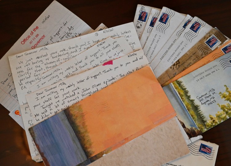Some of the letters Gov. Janet Mills received from constituent Ashirah Knapp of Temple during the pandemic, which prompted a book.