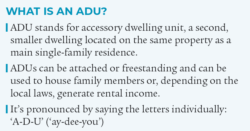 WHAT IS AN ADU?

| ADU stands for accessory dwelling unit, a second, smaller dwelling located on the same property as a main single-family residence.
| ADUs can be attached or freestanding and can be used to house family members or, depending on the local laws, generate rental income.
| It’s pronounced by saying the letters individually:
‘A-D-U’ (‘ay-dee-you’)