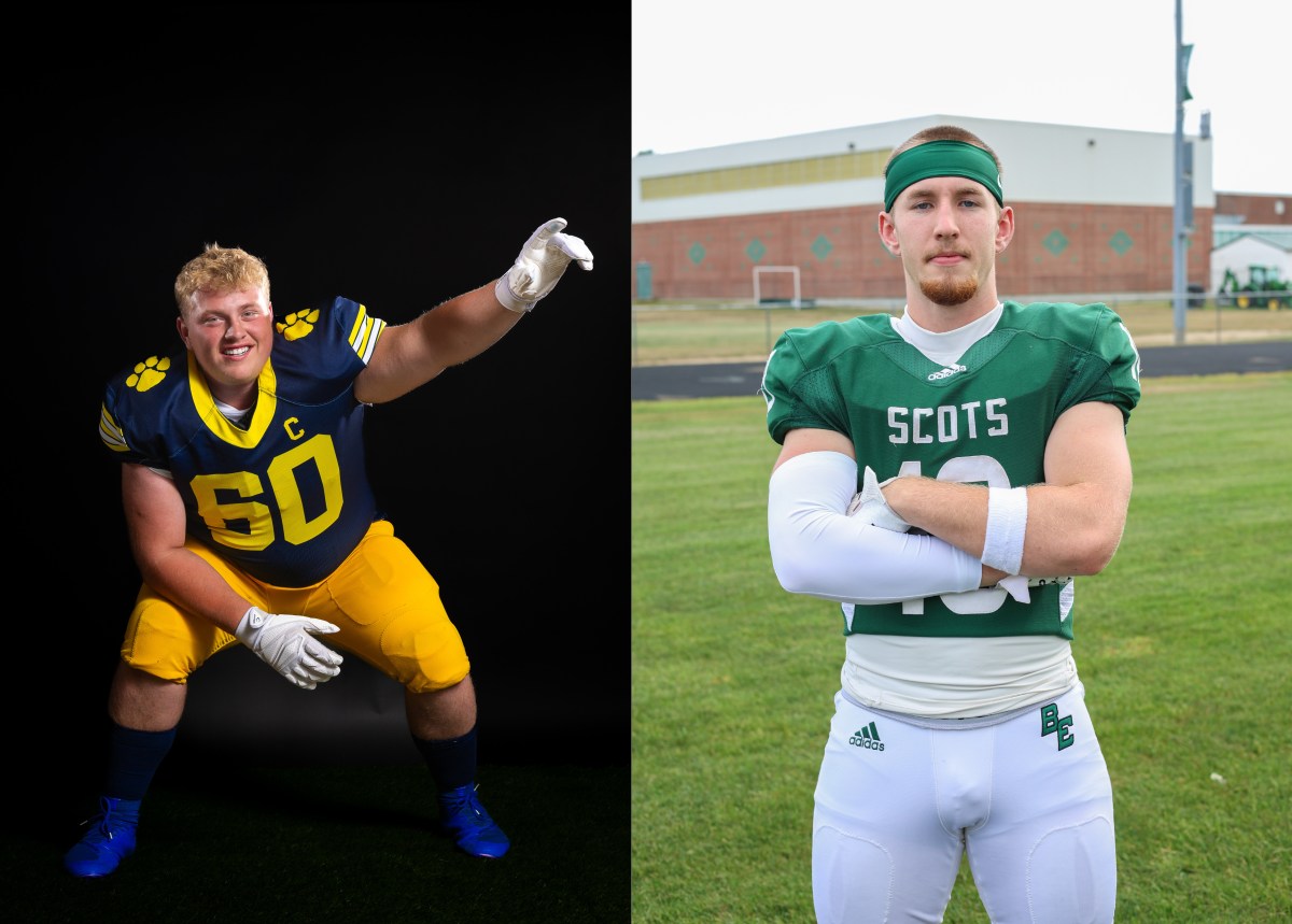 Mt. Blue’s Joe Hayden (left) and Bonny Eagle’s John Havu were announced Friday as the respective offensive and defensive winners of the 2025 Frank J. Gaziano Memorial Lineman Awards. (Gaziano Lineman Awards)
